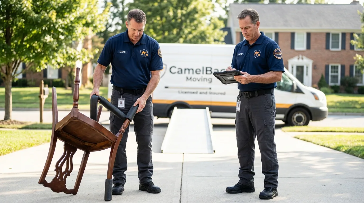 Movers inspecting furniture for damage prevention before loading in Duncansville, PA