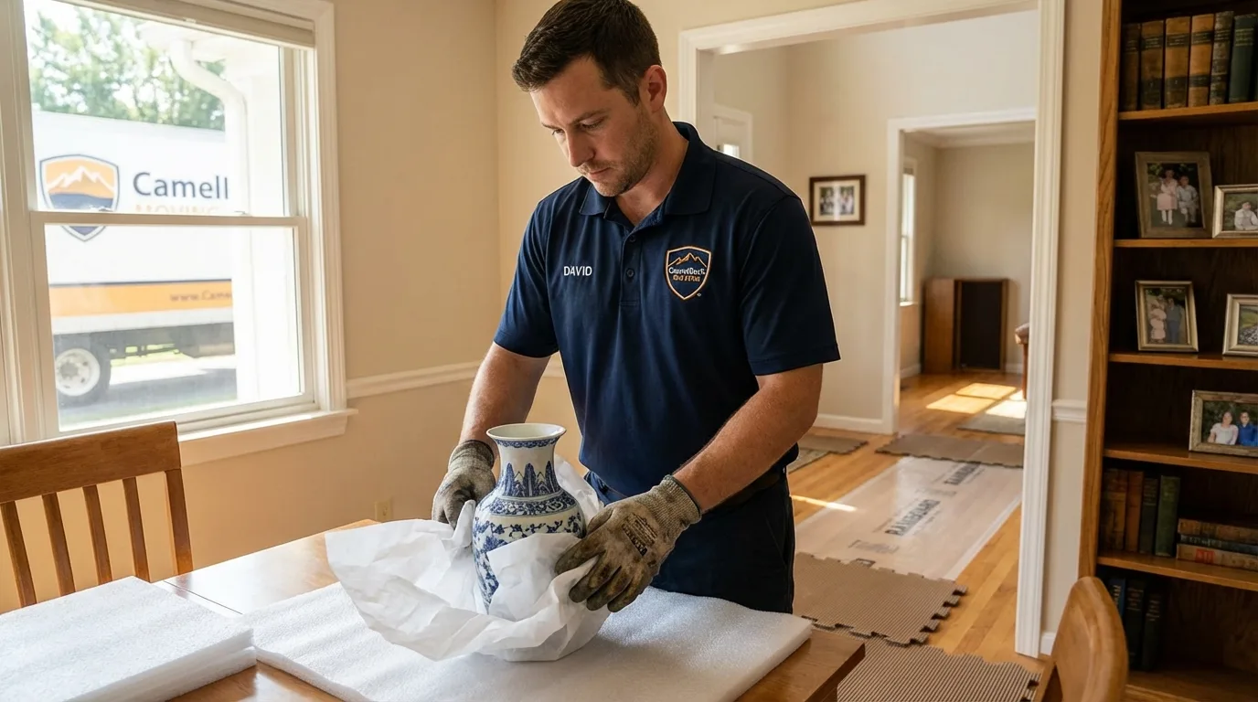Professional crew carefully wrapping antique vase for senior downsizing move in Duncansville, PA